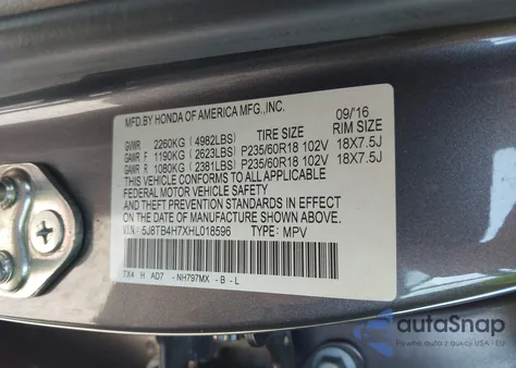 2017 Acura Rdx Advance Package z USA, uszkodzony, nr VIN 5J8TB4H7XHL018596